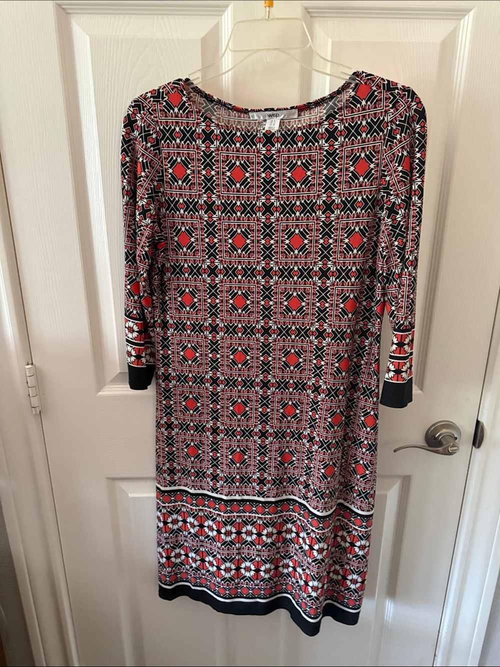 Red and Black Geometric Midi Dress with Three-Quarter Sleeves